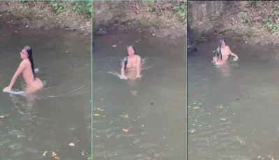 Gabriel Uribe de boa, peladão, se refrescando no rio