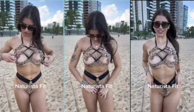 Naturista descolada e cheia de atitude na praia, exibindo sua beleza!