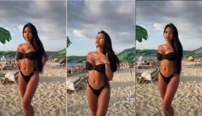 Phatcharin arrasou com um vídeo super gostoso de biquíni preto na praia, cheia de charme e sensualidade!