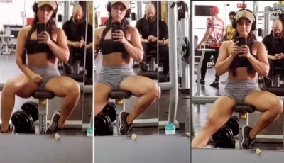 Jessica Minassian gravando de shortinho na academia, toda cheia de estilo
