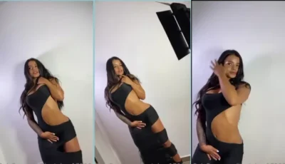 Lina Tobon arrasando de vestido preto, cheia de atitude