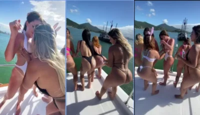 Giovana Grecco se divertindo e trocando beijinhos na lancha com as amigas